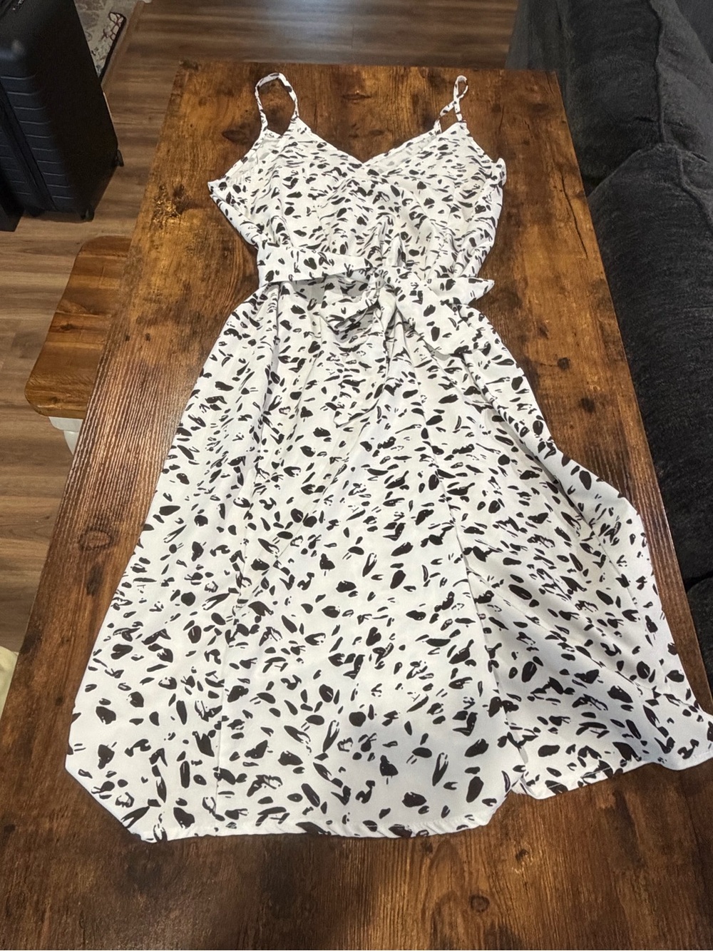 White and Black Spotted Sleeveless Midi Dress